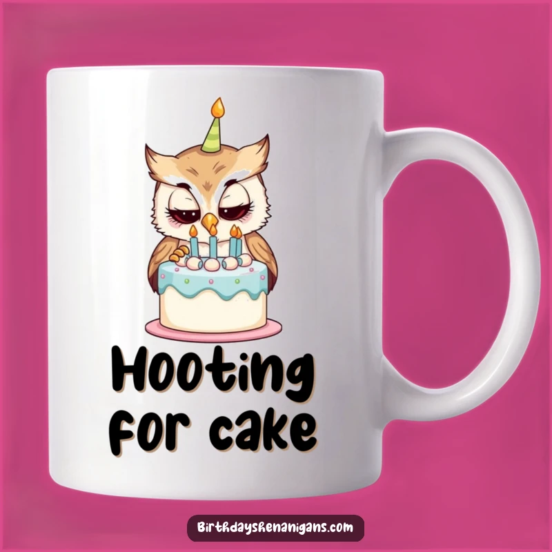 Funny Curious Owl Birthday Cake Mug - Humorous Gift for Cake Lovers