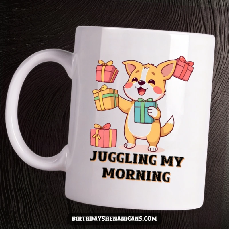Funny mug featuring a determined dog character skillfully juggling three colorful gift boxes, showing focus and fun.