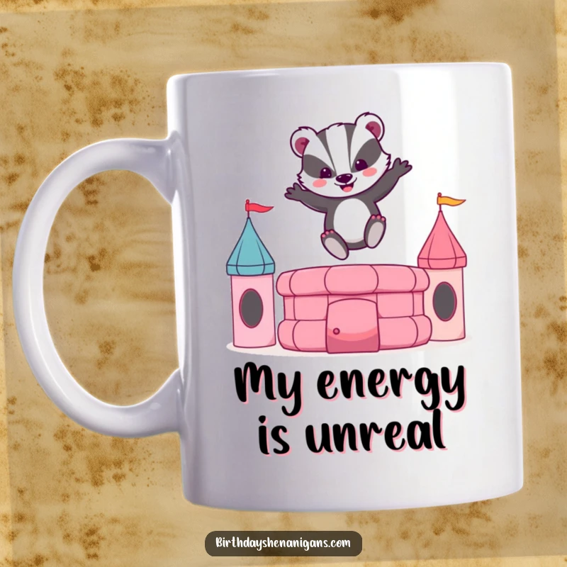 Funny mug illustration of a spirited badger joyfully jumping high on a colorful bouncy castle, full of excitement.