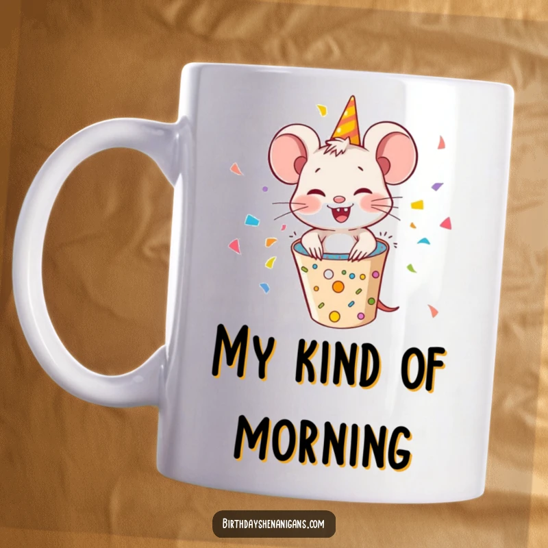 Funny mouse popping out of a confetti party popper, giggling with joy, perfect for birthday celebrations and party lovers.