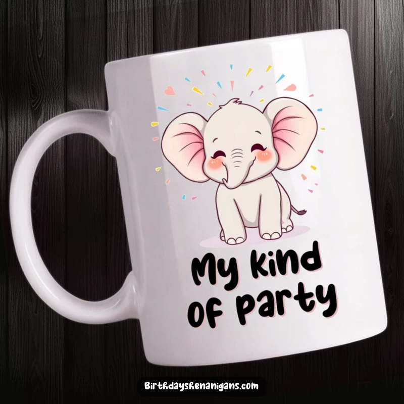 Funny kawaii elephant character joyfully trumpeting with a shower of colorful streamers, perfect for a birthday mug.