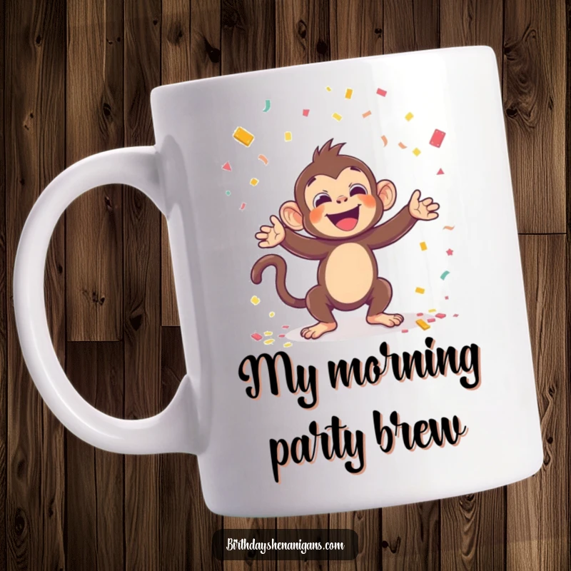 Funny mug featuring a kawaii monkey joyfully throwing confetti, embodying pure celebration and excitement, a fantastic funny gift.
