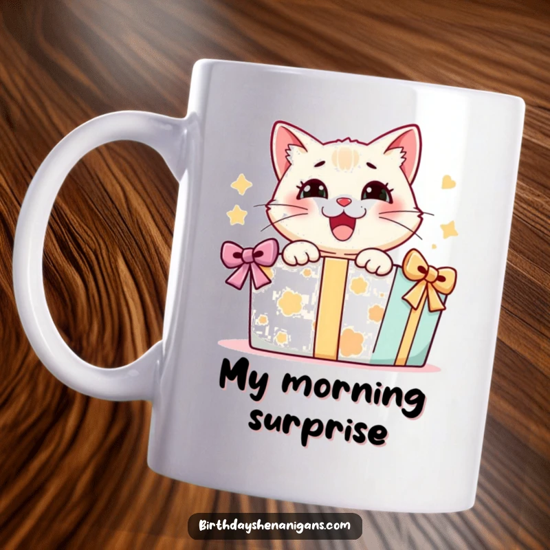 Funny mug featuring a delighted cat character with wide eyes, eagerly opening a comically large gift box, full of joyous surprise.