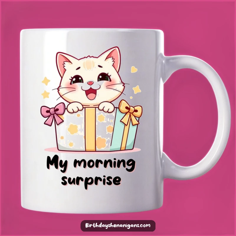 Funny Cat Present Mug: Delighted Kitty Opening Gift, Hilarious & Whimsical!