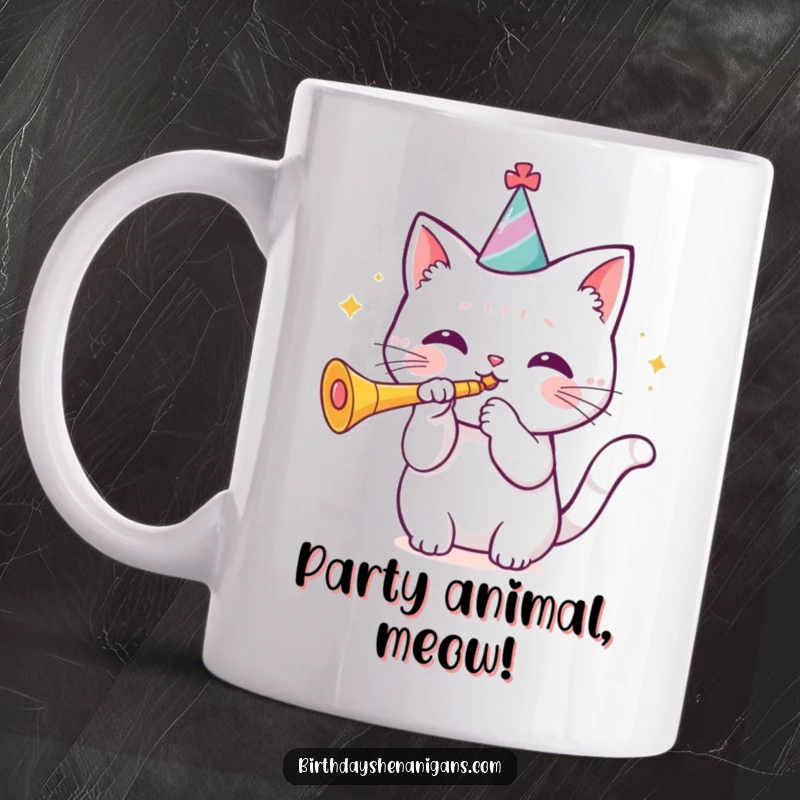 Funny kawaii cat wearing a birthday hat blowing a trumpet on a mug, a festive and happy design. Great gift.
