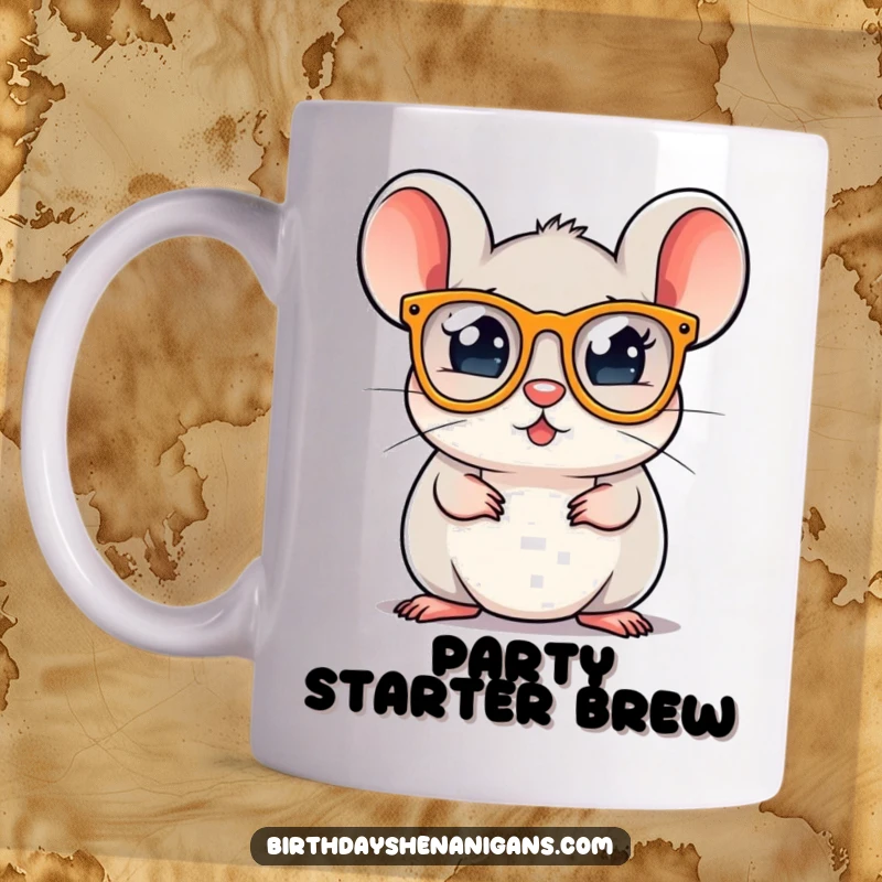 A round, cheerful mouse character wearing tiny, sparkly party glasses, looking ready to celebrate any occasion.