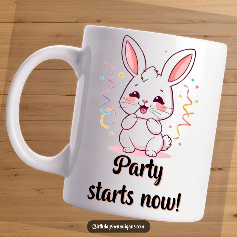 Funny kawaii bunny mug with a joyful expression, blowing party streamers, perfect for festive occasions.