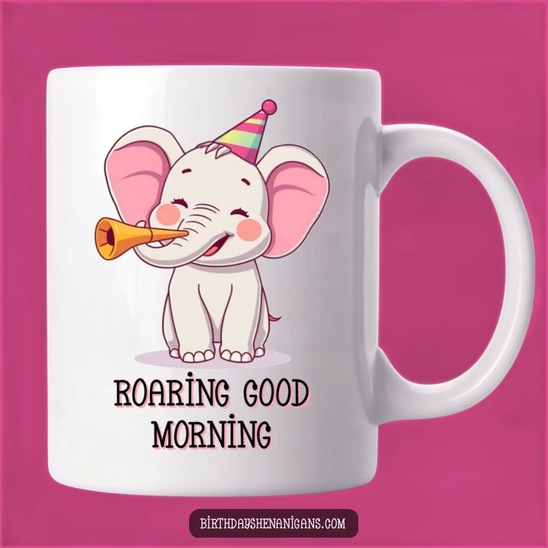 Funny Joyful Elephant Party Horn Mug: Happy Pachyderm Celebrating Loudly, Perfect Gift!