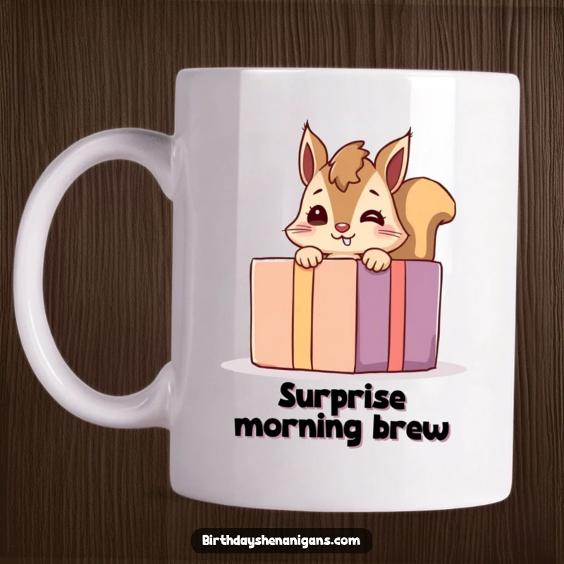 Funny giggling squirrel mug featuring a playful character peeking from behind a large present, conveying excitement and humor.