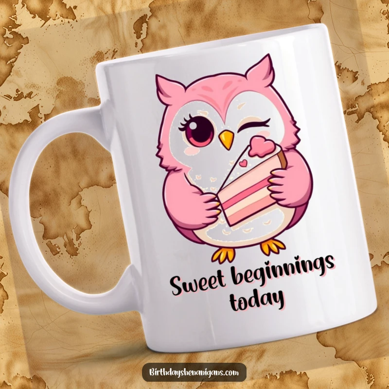 Funny winking owl mug featuring a playful character holding a slice of cake, perfect for sweet treat lovers.