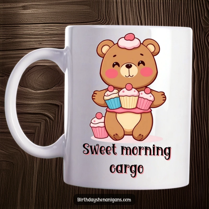 Funny mug featuring a cheerful bear character skillfully balancing a tall stack of colorful cupcakes, embodying sweet delight.