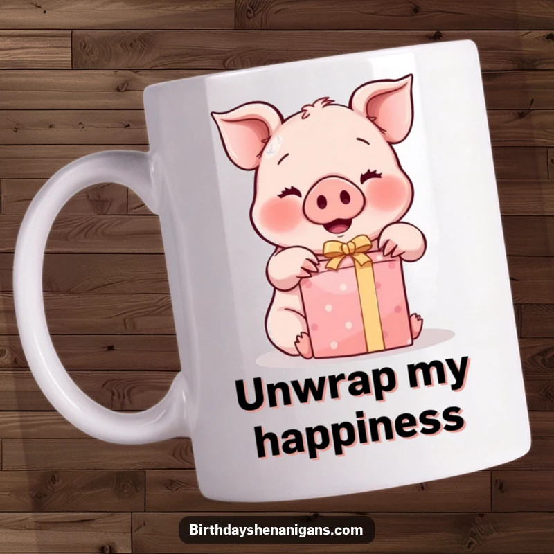 Funny Kawaii Pig Mug: A cute pig with rosy cheeks eagerly unwraps a present, radiating pure excitement and happiness.