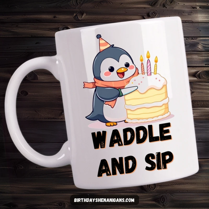 Funny mug featuring a happy penguin in a birthday scarf, hilariously attempting to cut a giant cake, symbolizing birthday struggles.