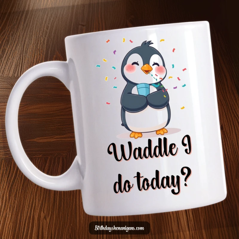 Funny mug featuring a wobbly penguin enthusiastically blowing a confetti popper, sending colorful streamers flying.
