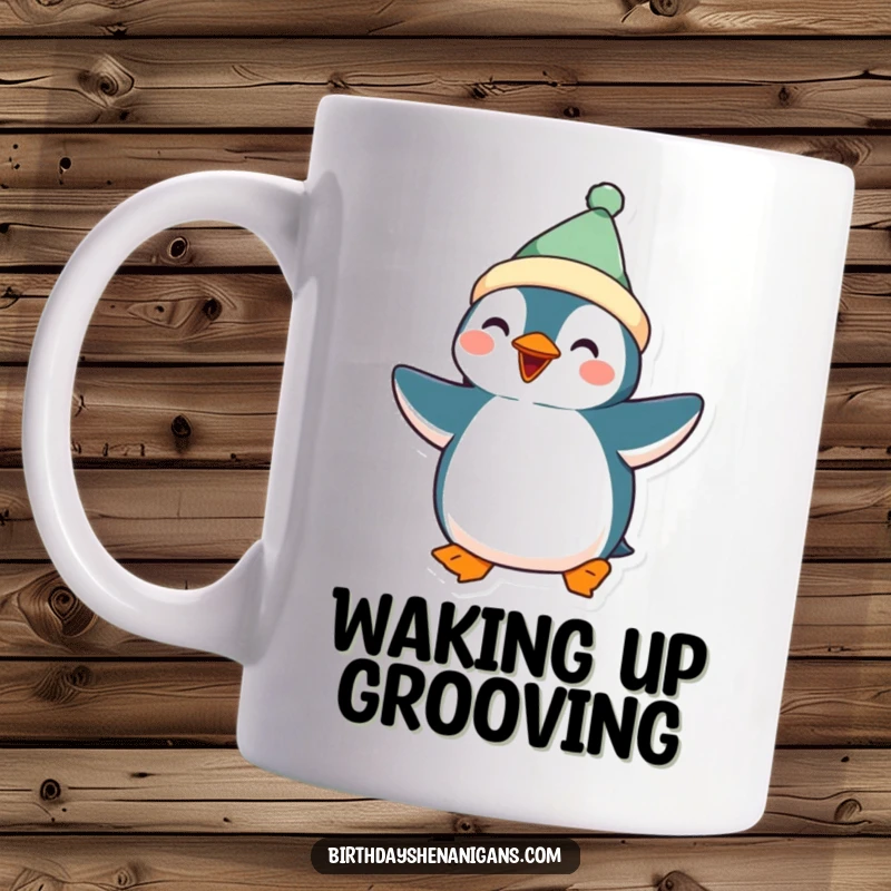Funny Kawaii Penguin Mug: A cute penguin in festive clothes performs a silly dance, radiating pure joy and humor.