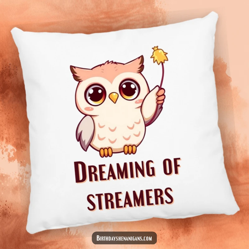 Funny Kawaii owl with wide, happy eyes, reaching for a streamer, soft and huggable pillow for comfort.