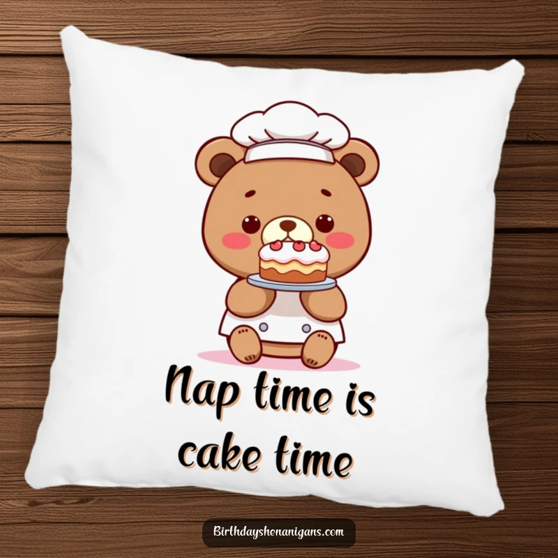 Funny pillow featuring a kawaii bear chef with a comically tiny cake, perfect for adding a touch of baking humor and cuteness.