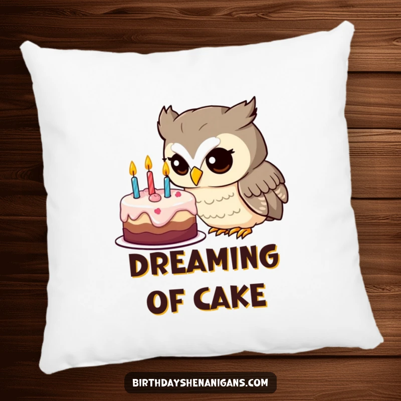 Funny owl pillow featuring a curious character examining a birthday cake, adding a touch of whimsy to decor.