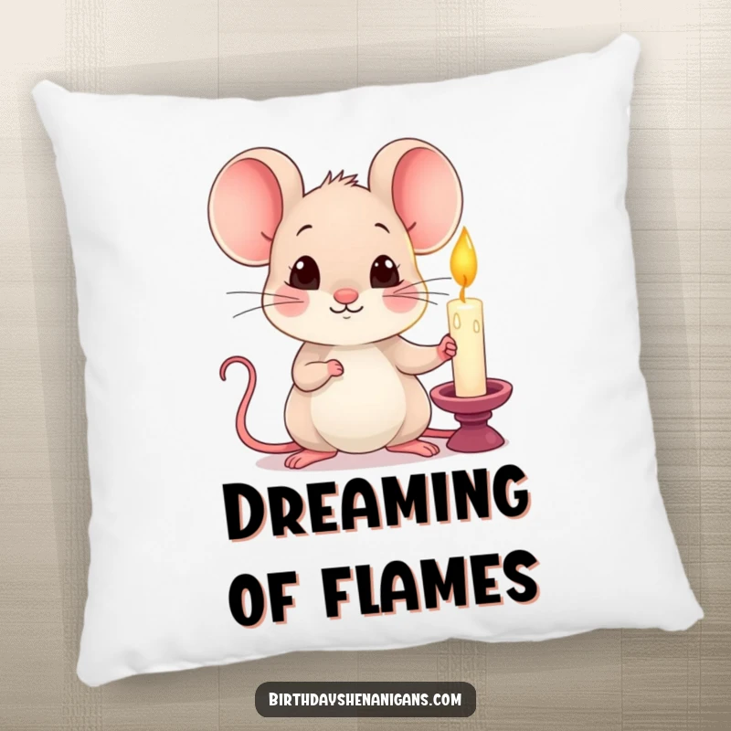 Funny kawaii mouse holding a single lit candle with a curious expression on a plush pillow.