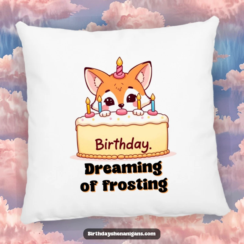 Funny pillow design of a sly fox peeking out from behind a beautifully decorated birthday cake, ready for fun.