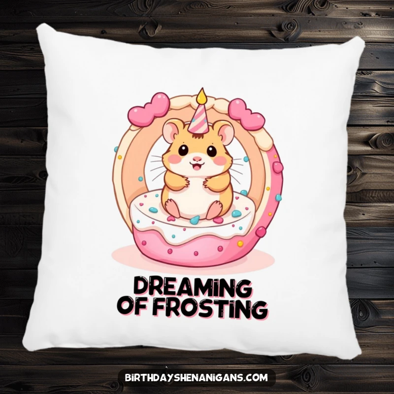 Funny kawaii hamster character spinning inside a rolling birthday cake, on a soft and comfortable pillow.