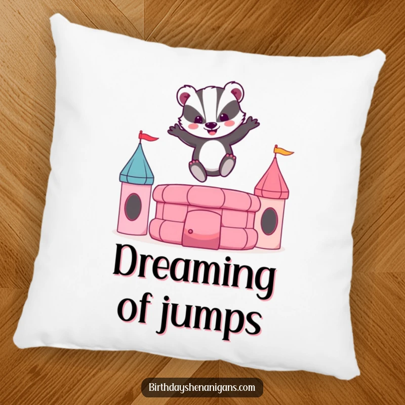 Funny pillow design of a happy badger mid-bounce on a bouncy castle, adding a touch of playful cheer.