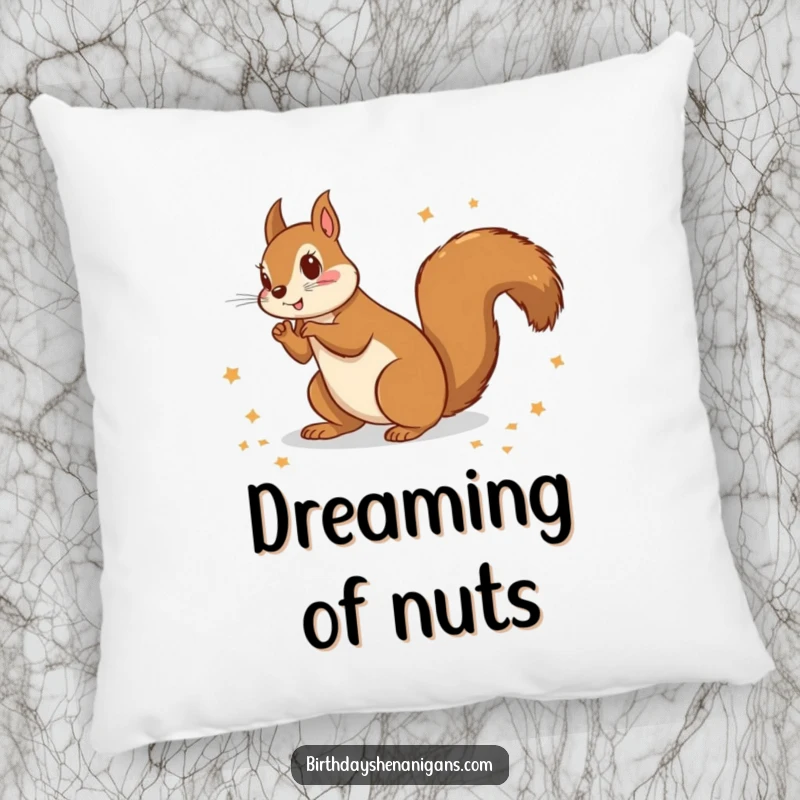 Funny decorative pillow with a squirrel scattering wrapping paper, offering comfort and a humorous holiday touch.