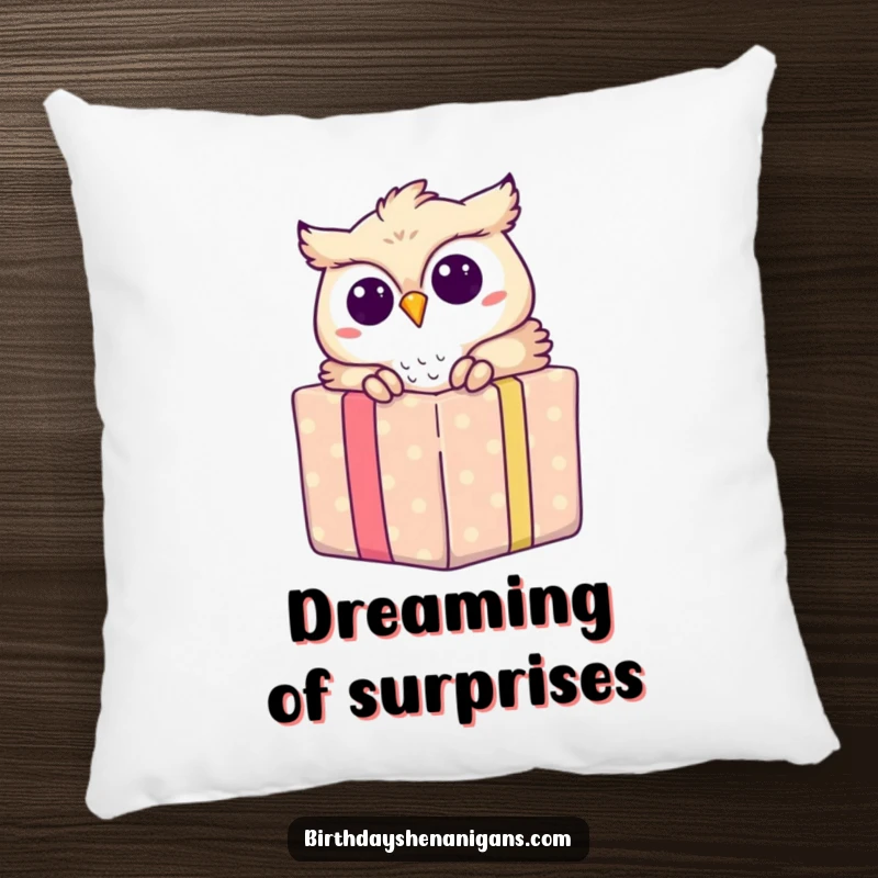 Funny decorative pillow with an owl peeking from a gift, offering comfort and a humorous touch.