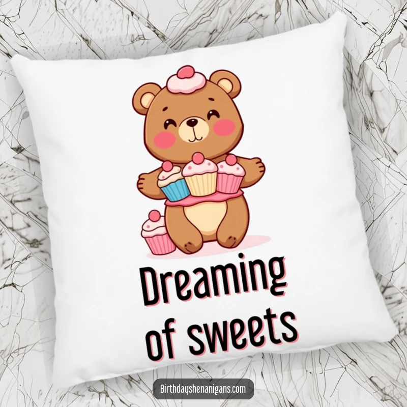 Funny pillow featuring a happy bear character balancing a tall stack of cupcakes. Soft, cuddly, and full of sweet charm.