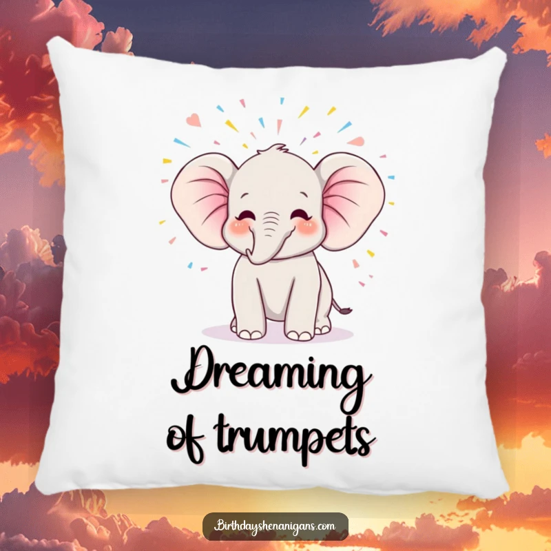 Funny kawaii elephant character trumpeting joyfully, adorned with streamers, on a soft and cozy decorative pillow.