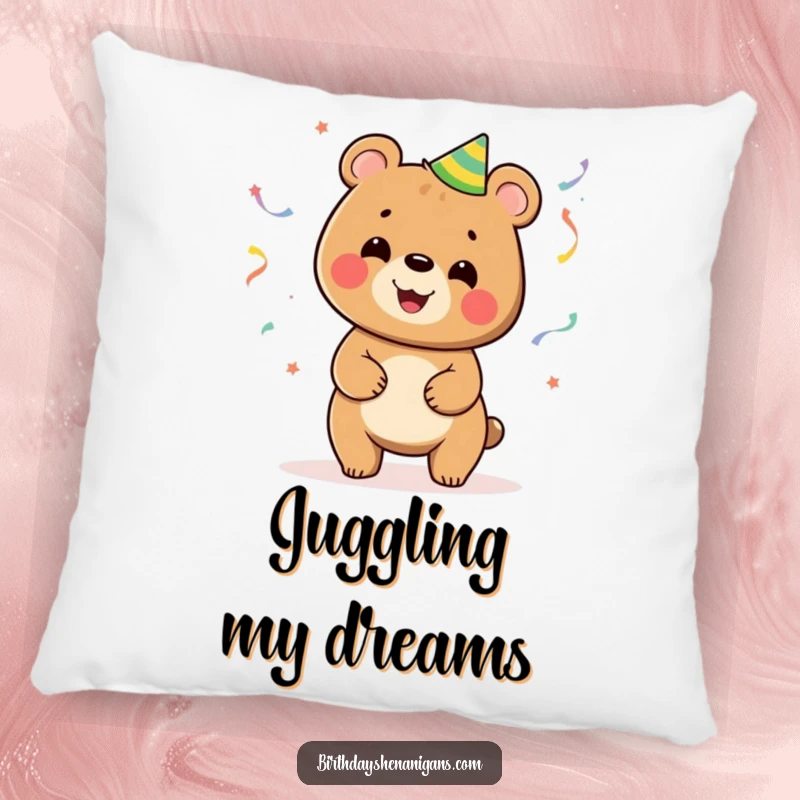 Funny pillow featuring a joyful bear juggling a colorful explosion of party streamers, perfect for a cozy accent.