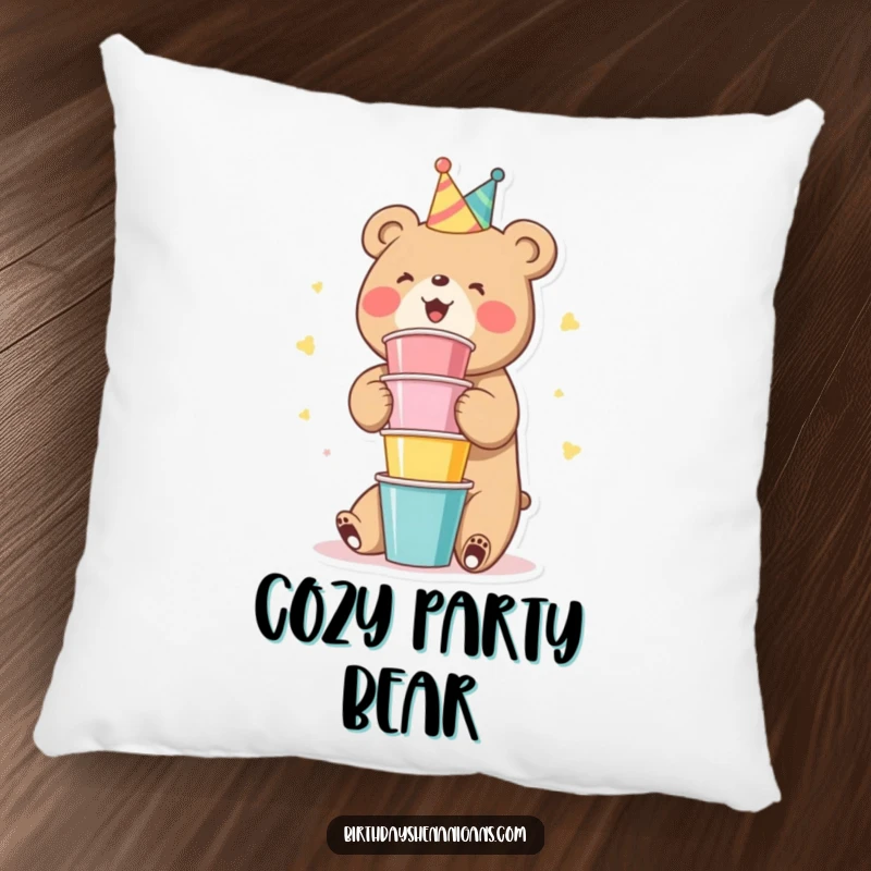 Funny Bear Pillow: A cute bear character gleefully stacking colorful party cups, soft and fun.