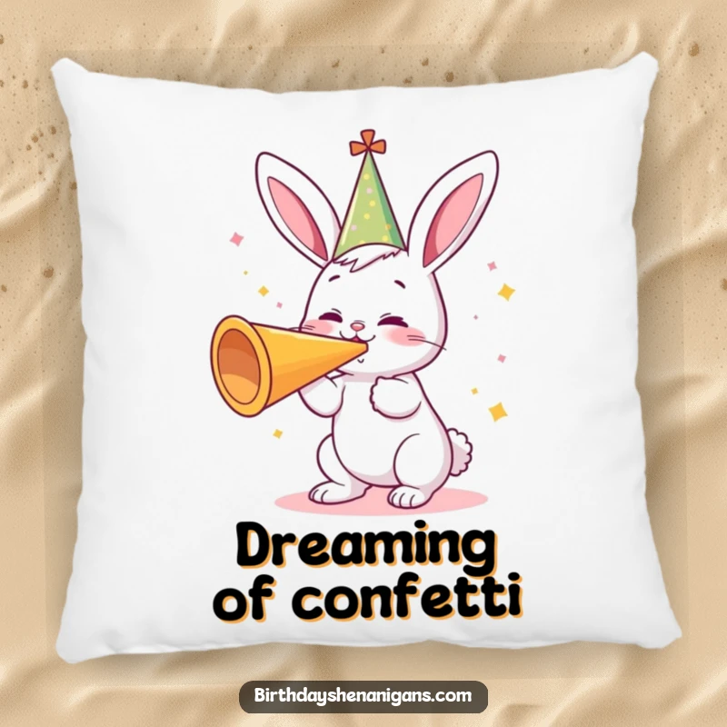 Funny pillow featuring a cute bunny wearing a party hat, gleefully blasting a giant party horn, adding comfort and humor to any seating area.