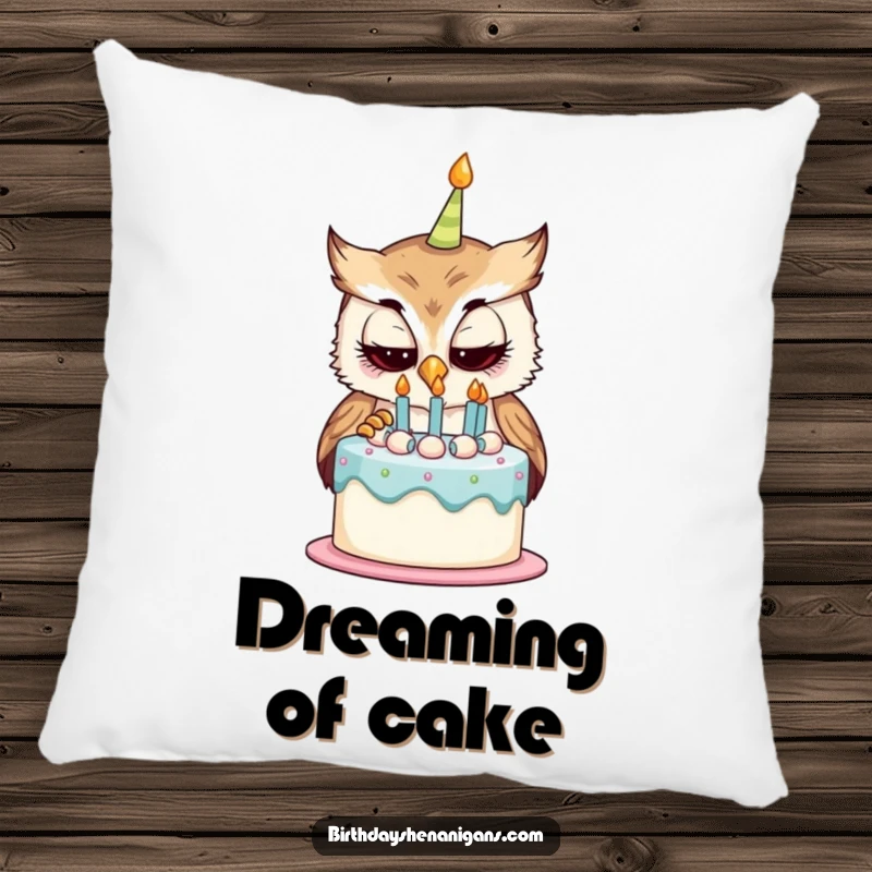 Funny pillow featuring a curious owl character examining a birthday cake, perfect for adding whimsical and humorous comfort to sofas and beds.