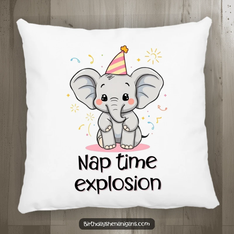 Funny Elephant Pillow: Delighted character sprays party poppers, a soft and humorous decorative accent.