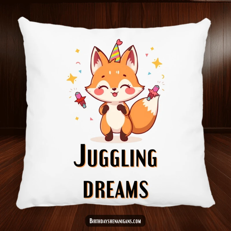 Funny fox pillow featuring a gleeful character juggling party poppers, bringing a cheerful touch to any room.