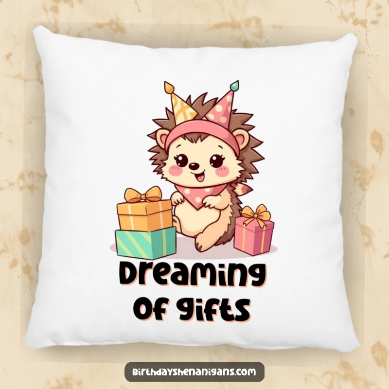 Funny Hedgehog Pillow: Happy character rolls towards presents, a soft and humorous decorative accent.