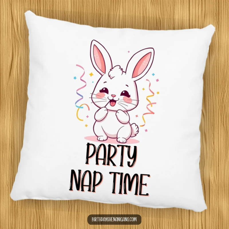 Funny kawaii bunny party pillow with a joyful bunny blowing streamers, offering soft comfort and festive cheer.