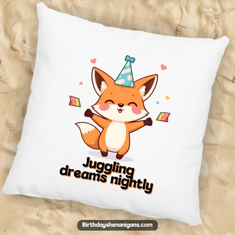 Funny kawaii fox character enthusiastically juggling party hats on a soft pillow, offering comfort and a touch of playful charm.