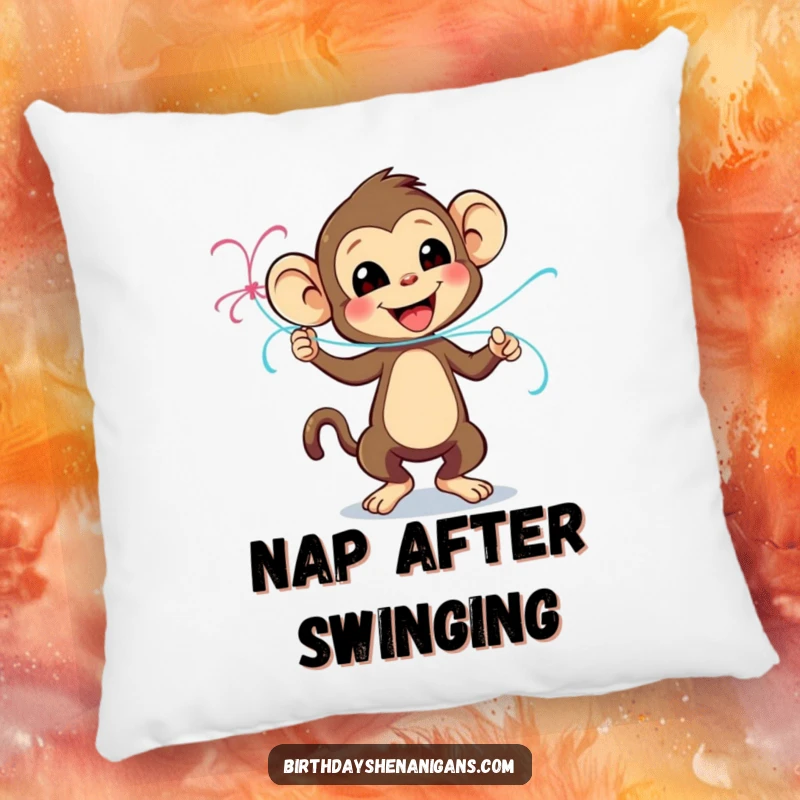 Funny decorative pillow with a playful monkey character dancing with a streamer, bringing lively party vibes indoors.