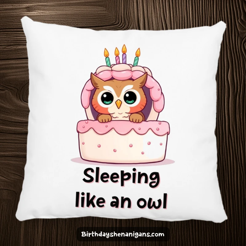 Funny pillow showcasing a curious owl peeking from behind a giant birthday cake, adding comfort and playful charm.