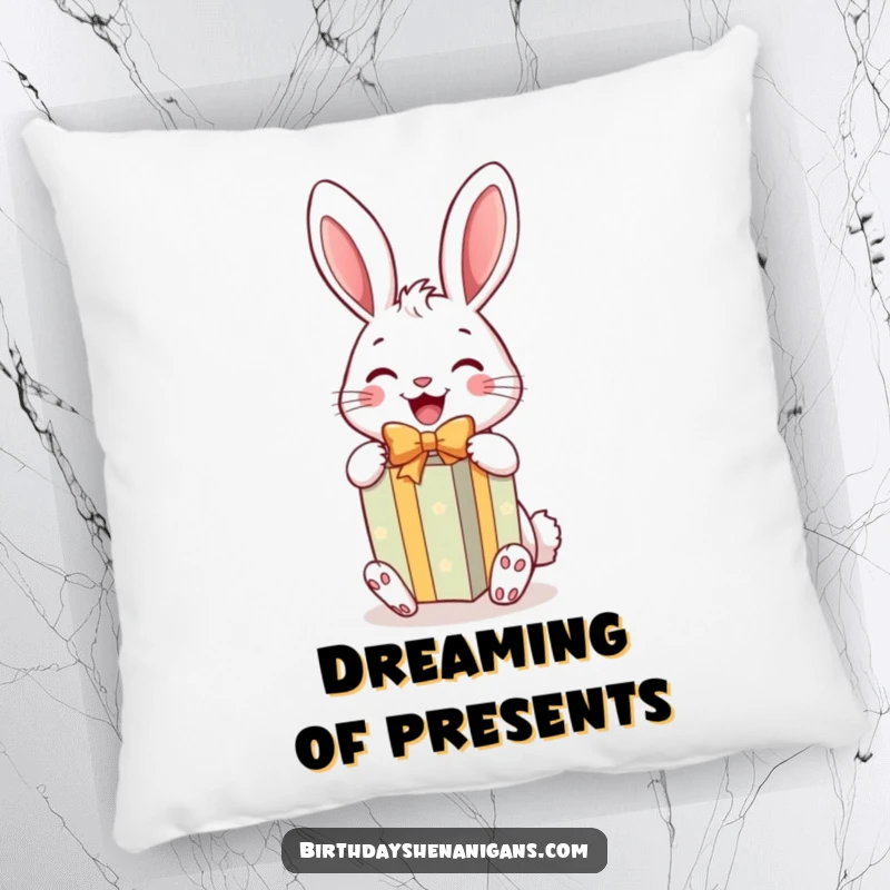 Funny Rabbit Gift Pillow: A soft pillow featuring a cheerful rabbit unwrapping a bright gift, perfect for funny decor.