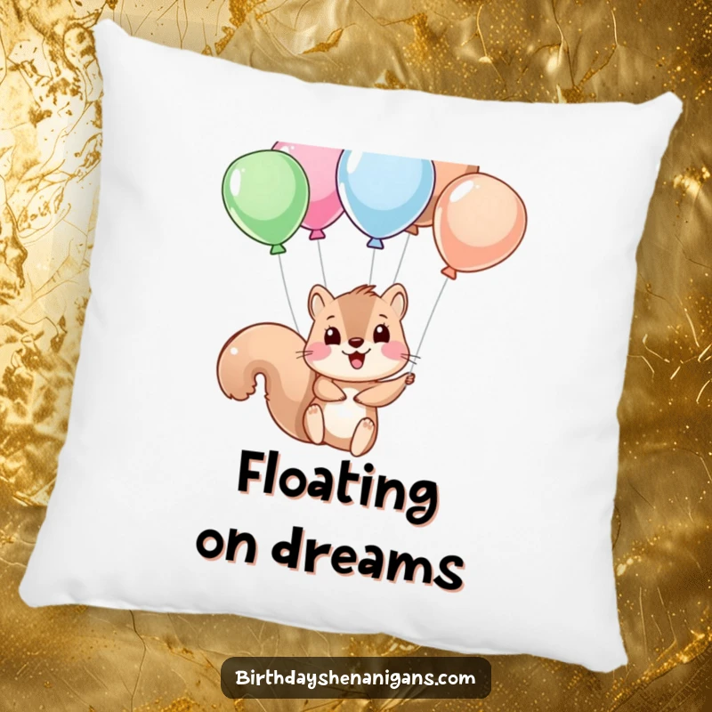 Funny squirrel character hanging from balloons, featured on a soft, decorative pillow for ultimate comfort and humor.