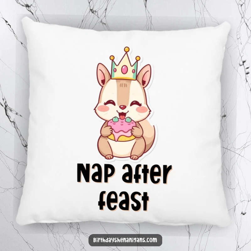 Funny Squirrel Pillow: Joyful character stuffs cheeks with cake, a soft and humorous decorative accent.