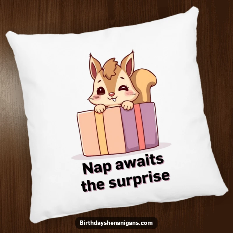 Funny giggling squirrel pillow with a playful character peeking from behind a giant present, offering comfort and a humorous visual.