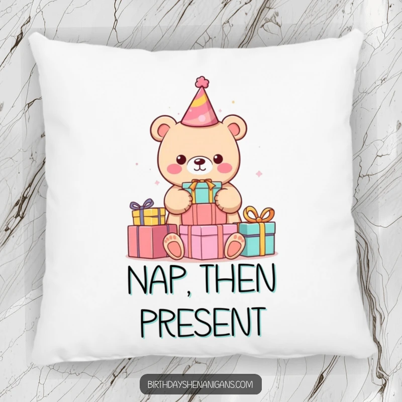 Funny kawaii bear with party hat stacking colorful presents on a plush pillow, offering comfort and humorous appeal.
