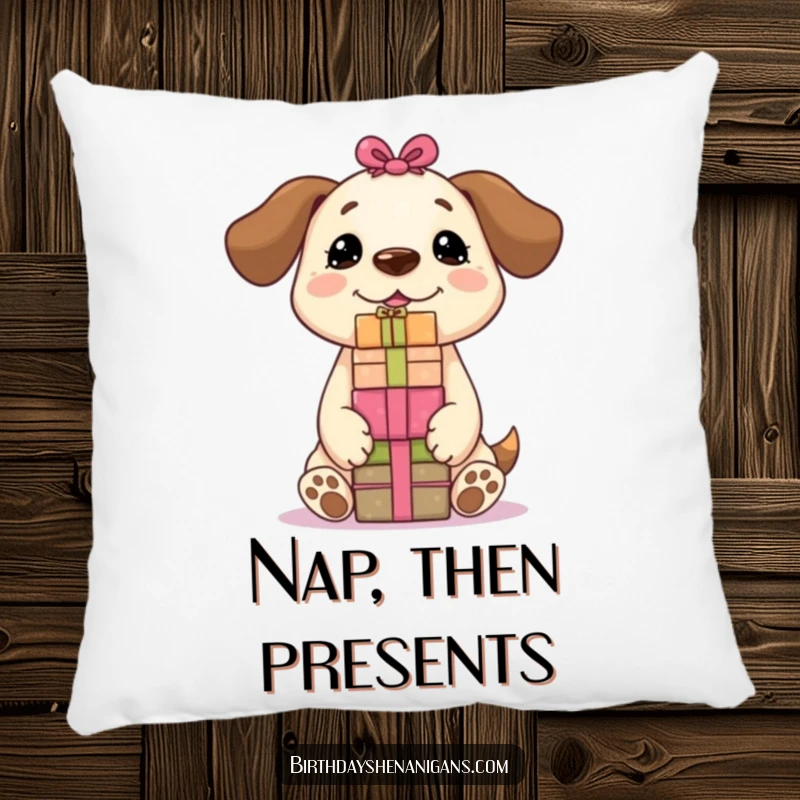 Funny Kawaii dog character resting, with a stack of presents balanced on its nose, soft and huggable pillow design.