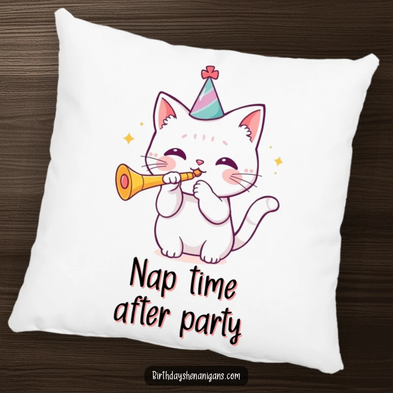 Funny kawaii cat wearing a birthday hat blowing a trumpet on a plush pillow, perfect for comfort. Humorous gift.