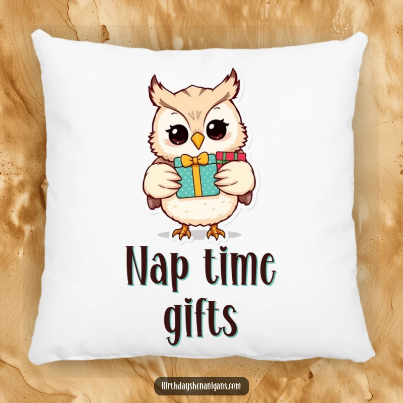 Funny owl character holding a stack of presents, featured on a soft pillow for comfort and festive humor.