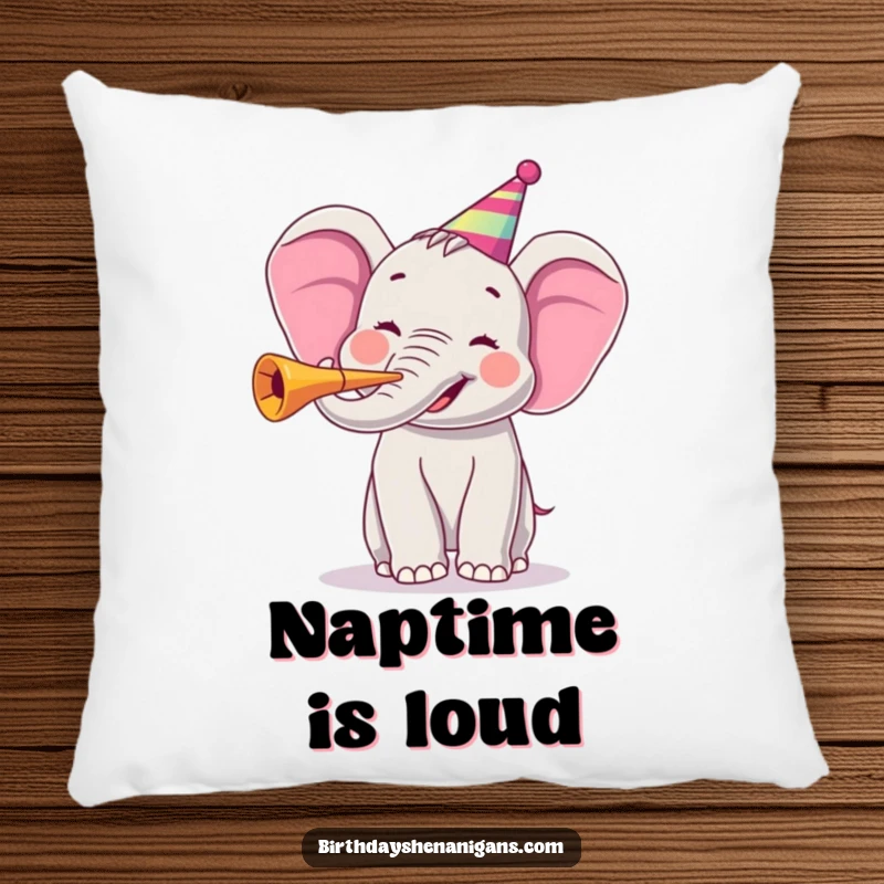 Funny pillow featuring a happy elephant character blowing a party horn, bringing comfort and cheerful celebration.
